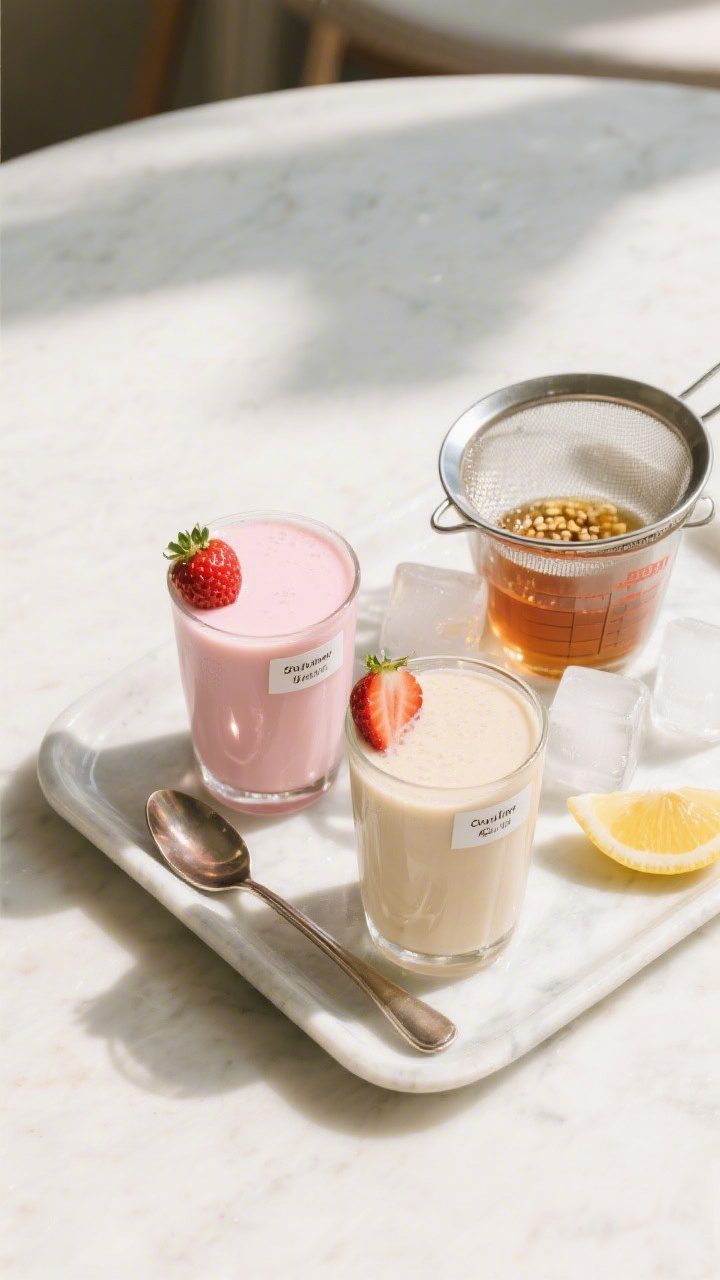 Overhead serving scene: of a small tray with two glasses of strawberry milk—one classic dairy (ric