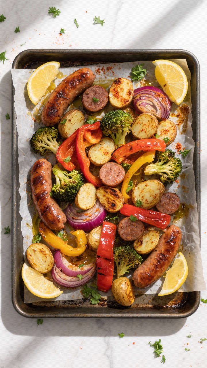 Overhead shot of a just-roasted sheet pan One-Pan Sausage and Vegetable Dinner: browned sausage roun