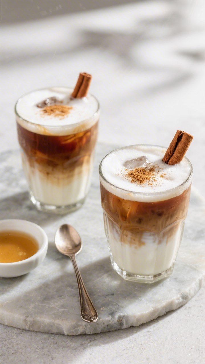 Overhead shot of assembled iced vanilla chai lattes (two glasses) showcasing a layered look: deep te