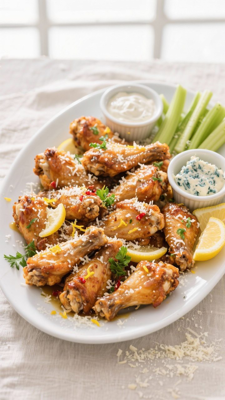 Overhead “tasty top view”: A large white platter heaped with finished Garlic Parmesan chicken wi