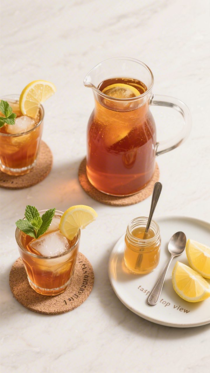 Overhead “tasty top view”: A neatly arranged top-down scene of a full pitcher of sweet tea surro