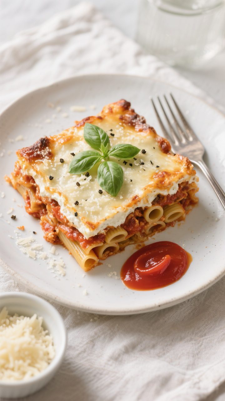 Overhead “tasty top view”: A neatly layered slice of baked ziti served on a white ceramic plate,