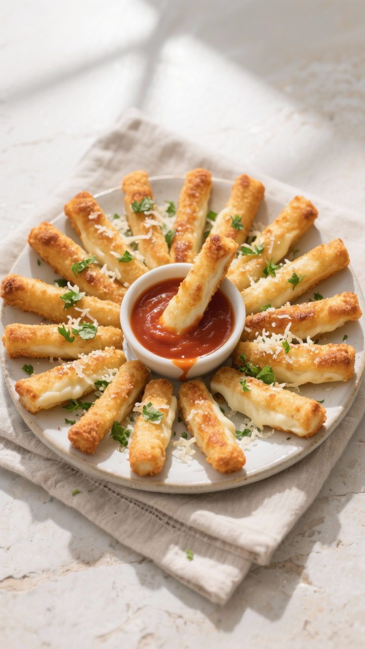 Overhead “tasty top view”: A platter of oven-baked mozzarella sticks arranged in a neat fan arou