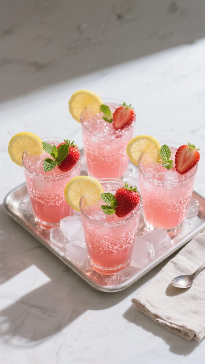 Overhead “tasty top view”: A tray of ice-filled highball glasses of finished strawberry lemonade
