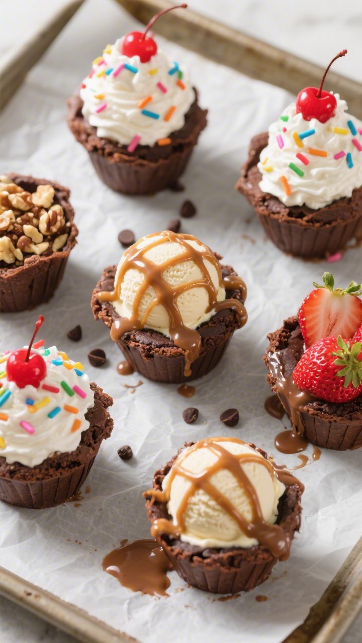 Overhead “tasty top view”: assembled brownie ice cream sundae cups on a parchment-lined baking s