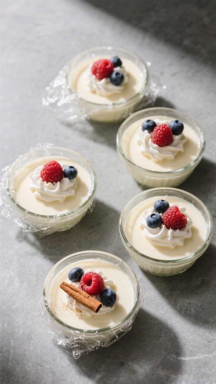 Overhead tasty top view: Classic vanilla pudding cups just chilled, plastic wrap removed to reveal a