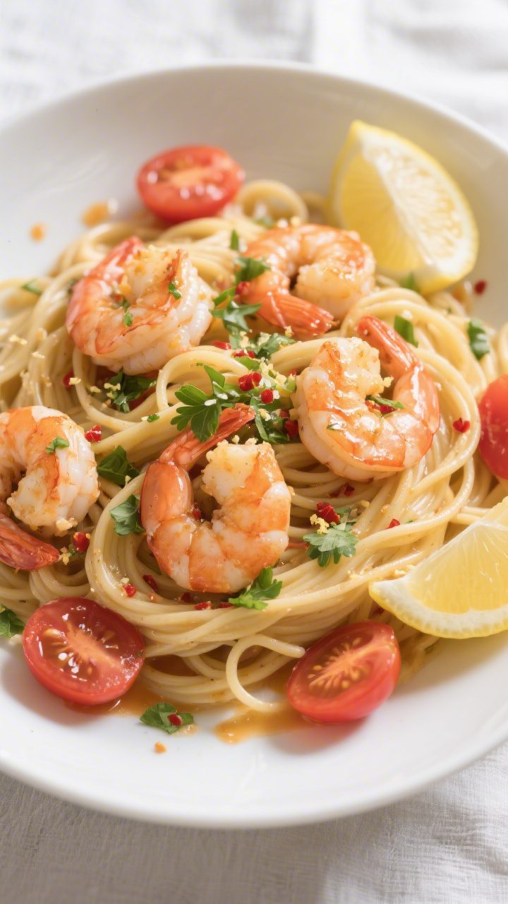 Overhead “tasty top view”: Finished shrimp scampi with linguine in a wide, shallow white bowl; t