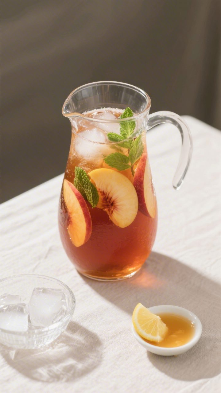Overhead tasty top view: Large pitcher of peach iced tea on a clean table, top-down composition show