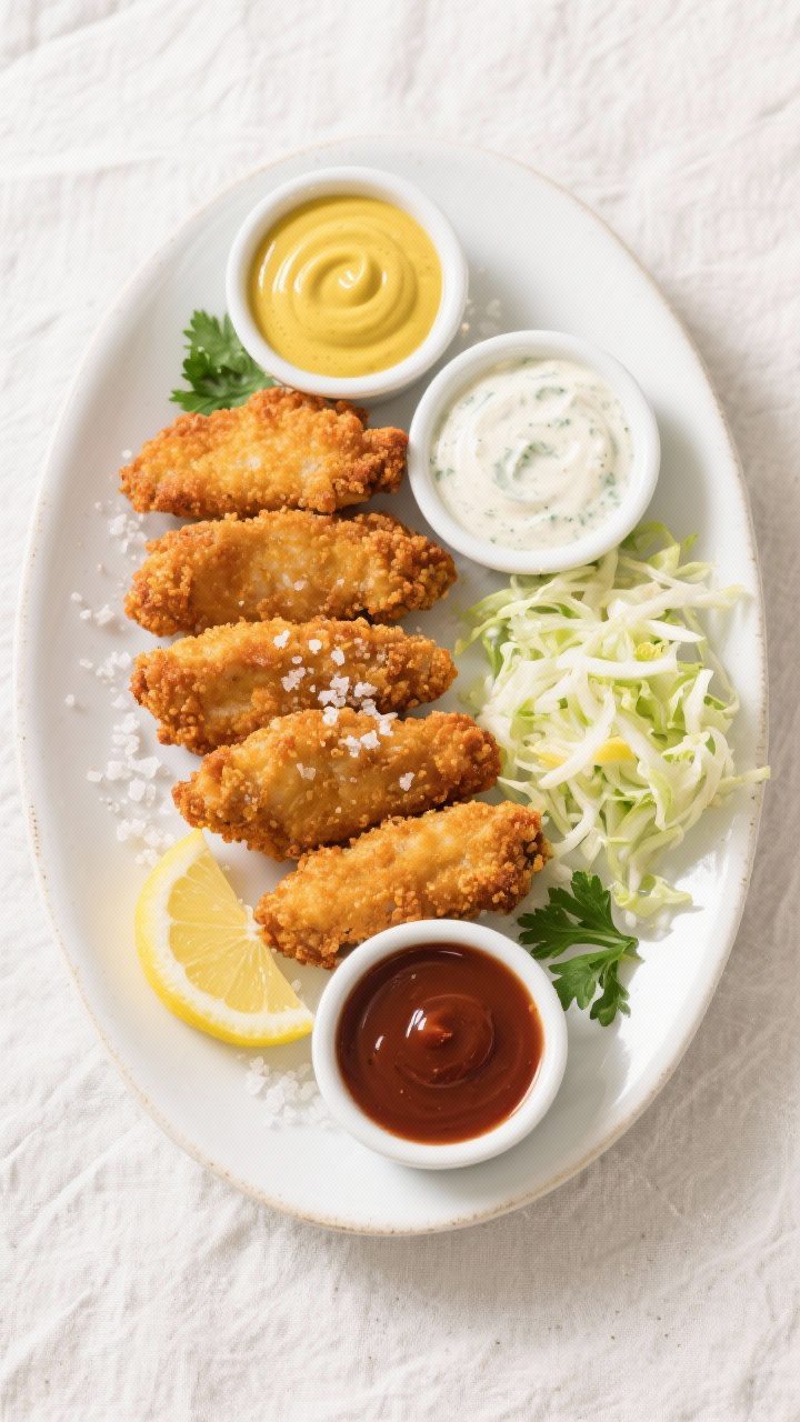 Overhead tasty top view of a platter of extra-crispy air fryer chicken tenders arranged in a fan on