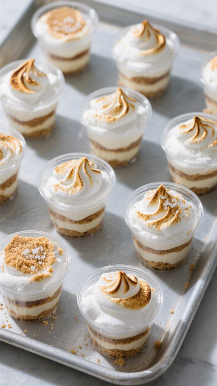 Overhead “tasty top view” of multiple assembled dessert cups arranged in a neat grid on a cool-t