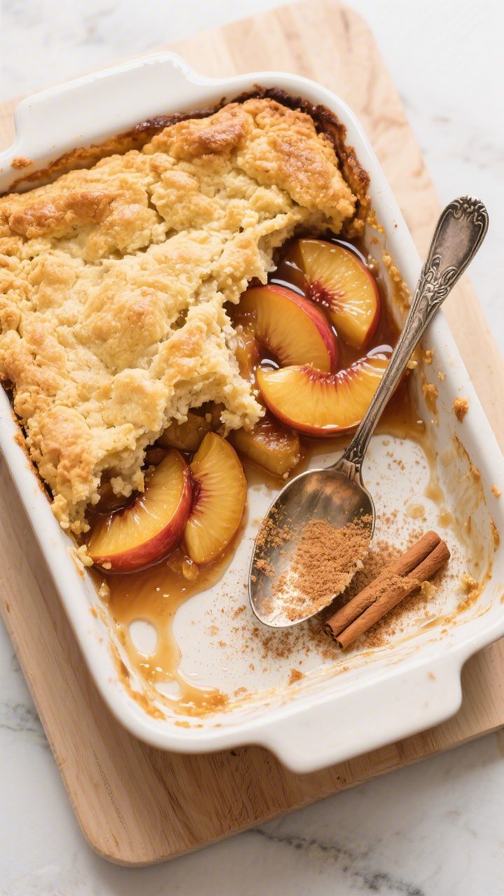 Overhead “tasty top view” of the cobbler served warm in a 9x13 dish with one generous square sco