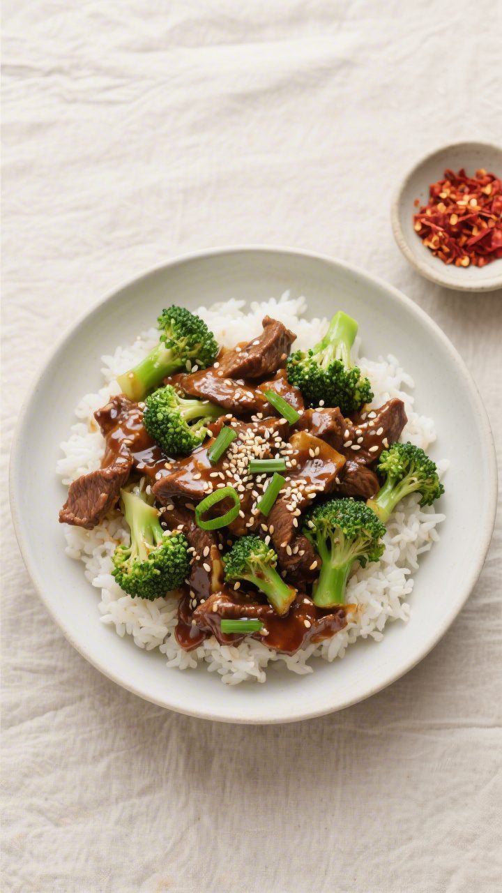 Overhead “tasty top view” of the finished Beef and Broccoli Stir Fry served over warm white rice