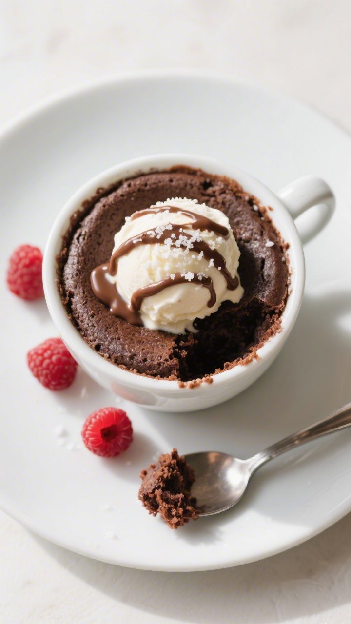 Overhead “tasty top view” of the finished chocolate mug cake topped with a scoop of vanilla ice