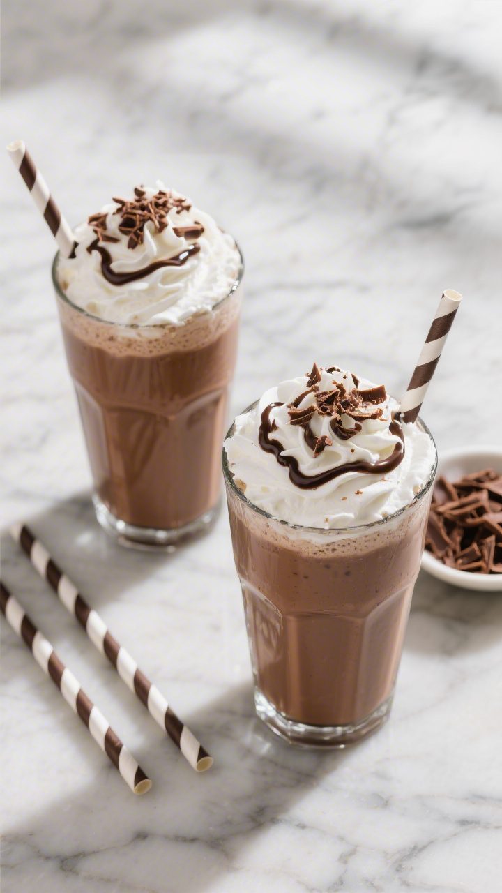 Overhead “tasty top view” of two finished chocolate milkshakes in chilled soda-fountain glasses,