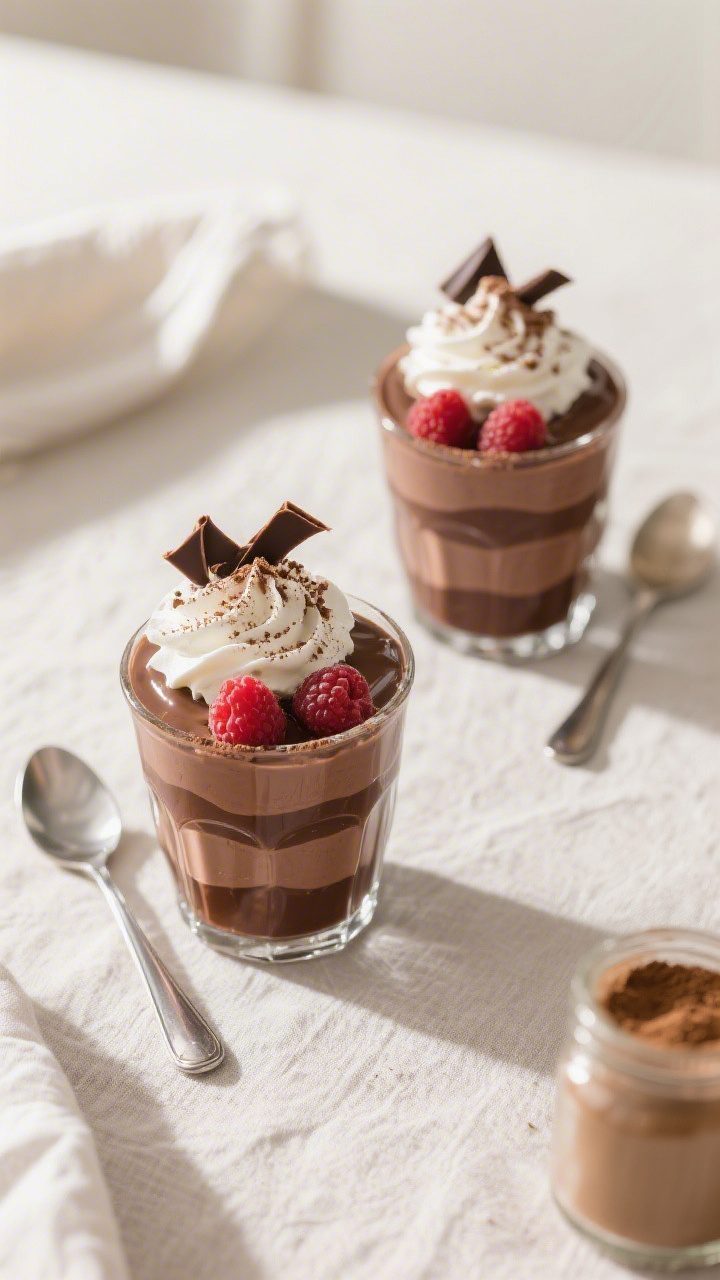 Overhead “tasty top view” parfait variation: Chilled chocolate pudding layered in clear glass tu
