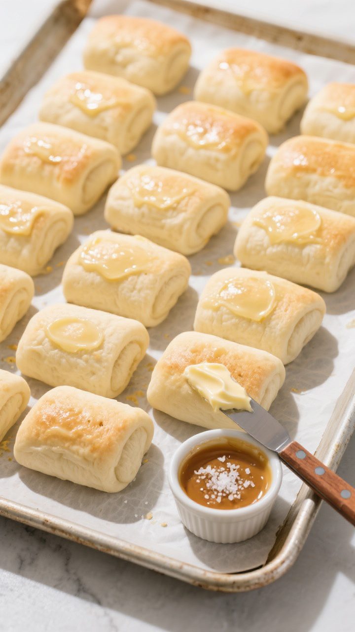 Overhead “tasty top view” shot: A parchment-lined baking sheet filled with proofed and baked rec