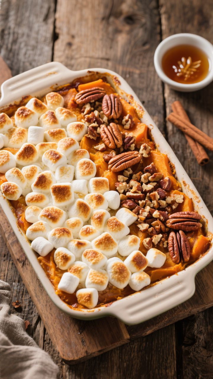 Overhead “tasty top view”: Sweet potato casserole topped with a perfectly melted, evenly browned