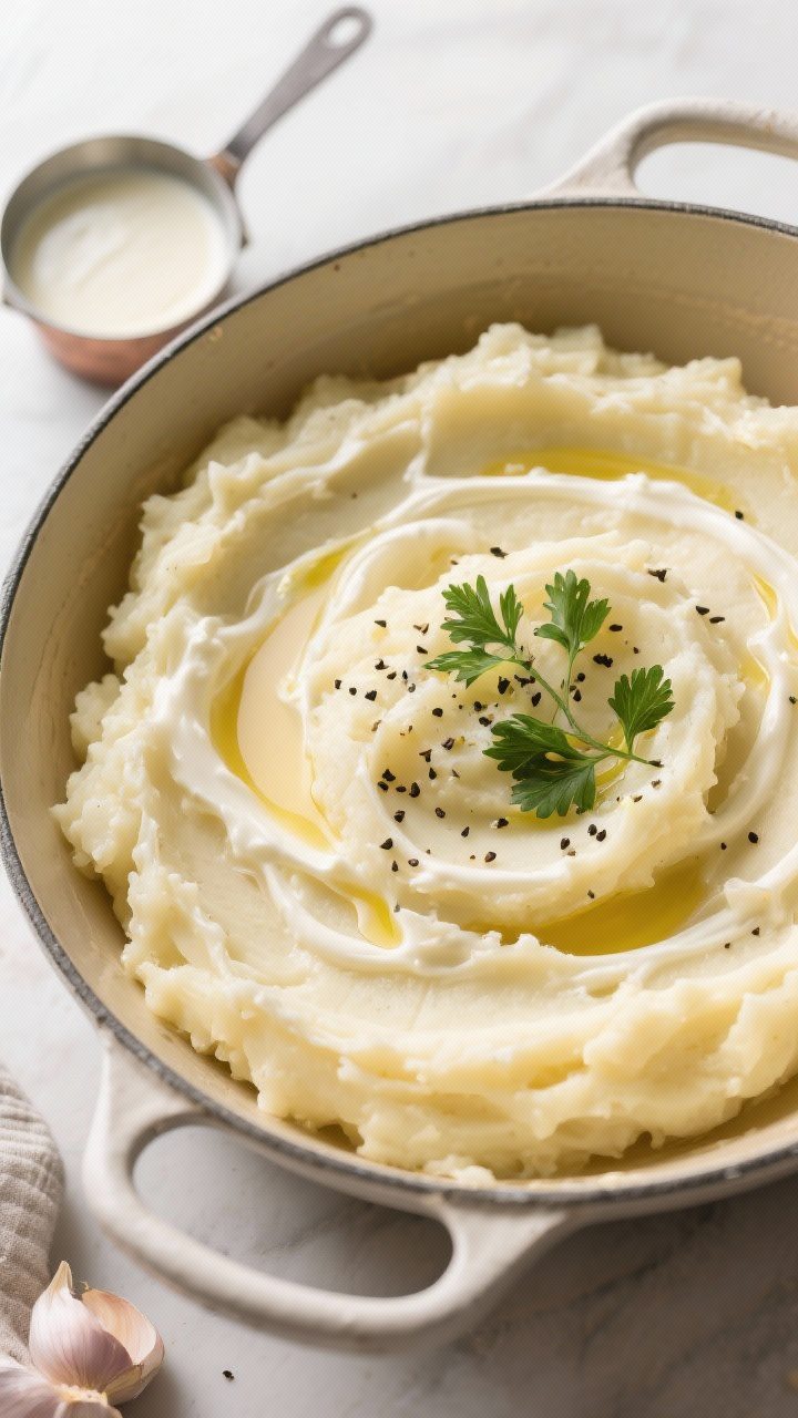 Overhead “tasty top view”: Top-down shot of the finished mashed potatoes in a Dutch oven, showin