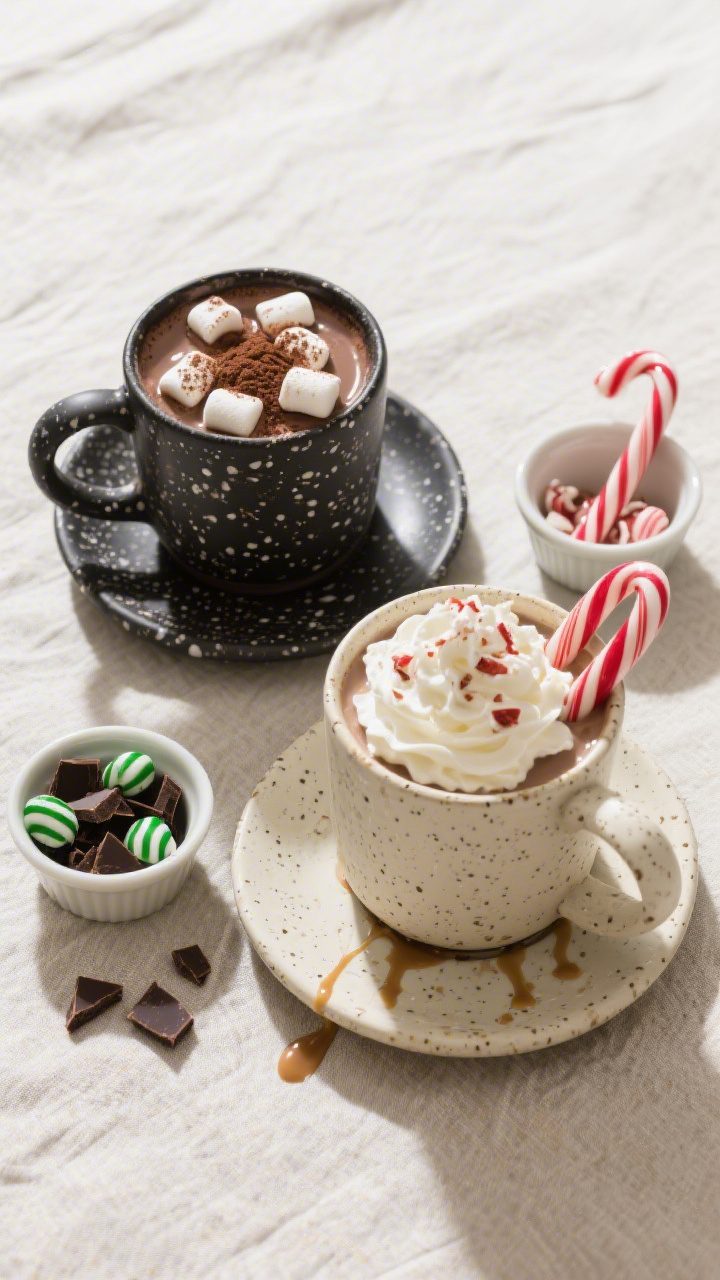 Overhead “tasty top view”: Two contrasting mugs (charcoal and speckled cream) filled with glossy