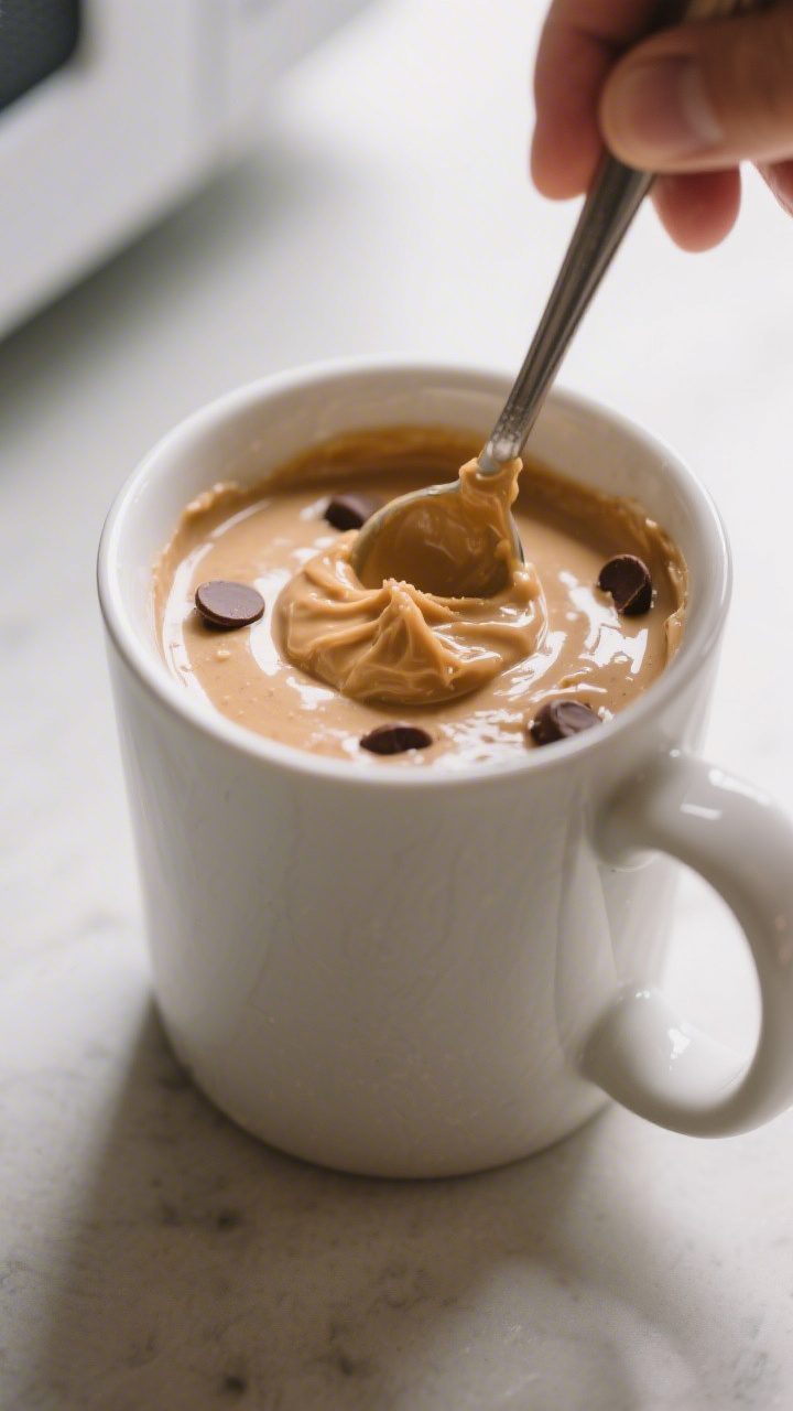 Process action shot: batter just stirred smooth in the mug right before microwaving, with a teaspoon