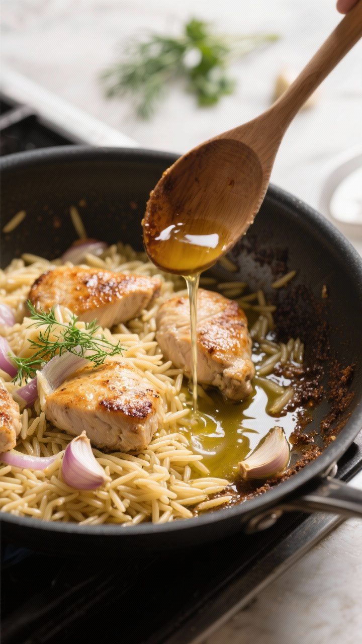 Process action shot: Toasting the dry orzo with sautéed onions and garlic in olive oil right after