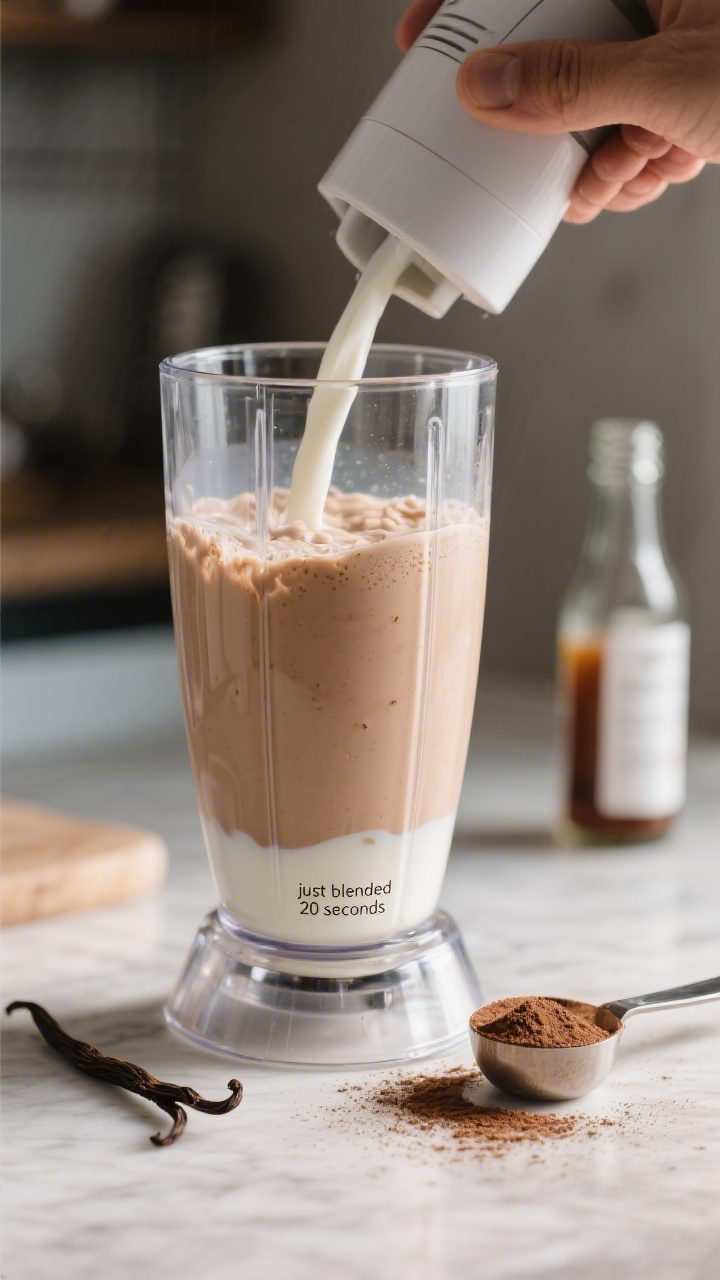 Process-in-action shot: blender jar filled two-thirds with the prepared milkshake at the perfect con