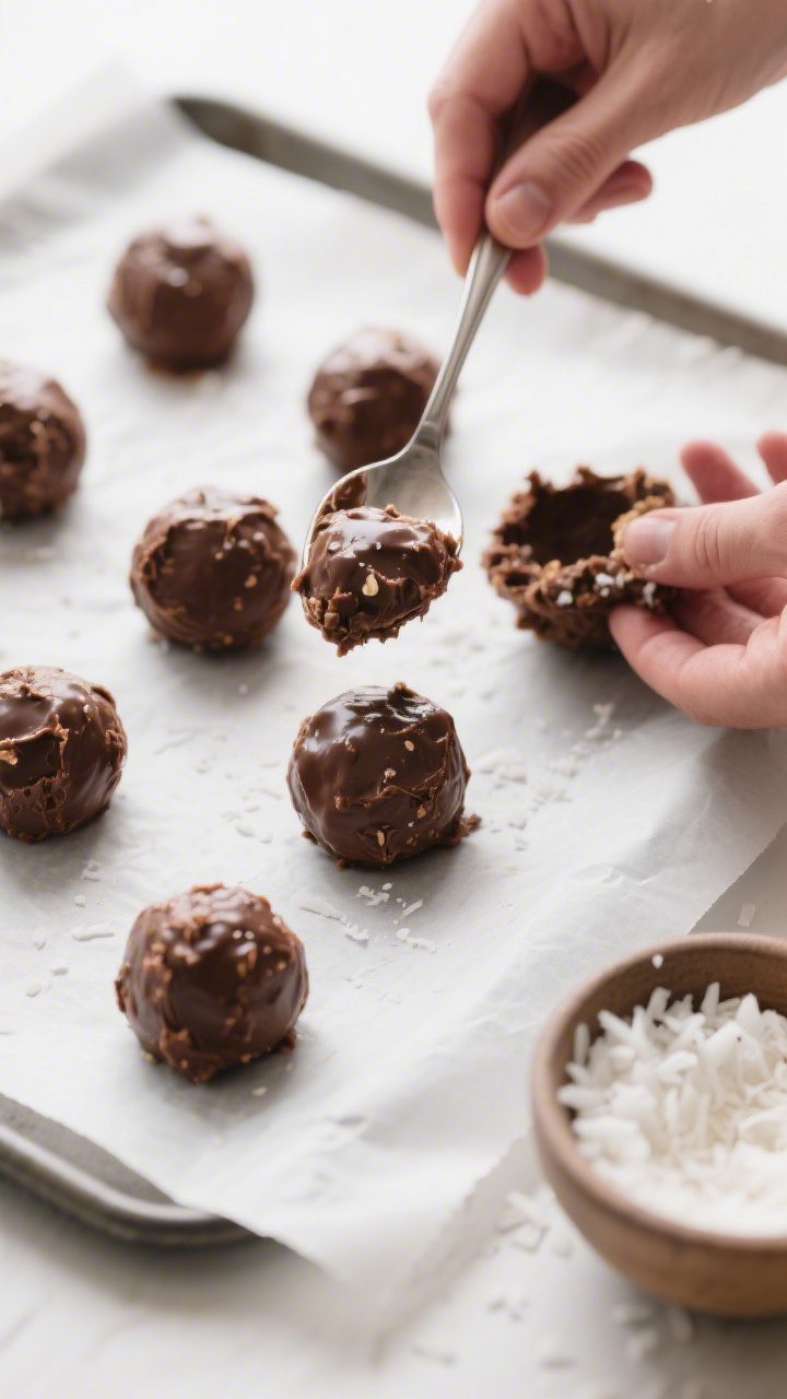 Process-in-action shot: chilled, thick dough being portioned on a parchment-lined sheet—uniform ta
