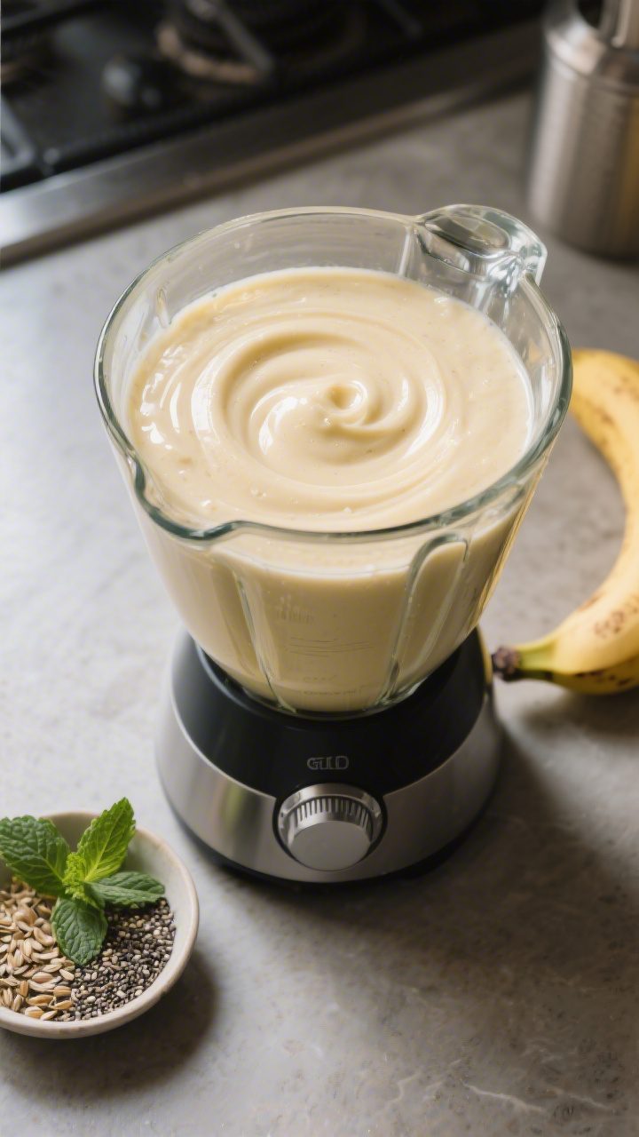 Process moment (prepared stage): The smoothie in a high-speed blender just after blending until silk