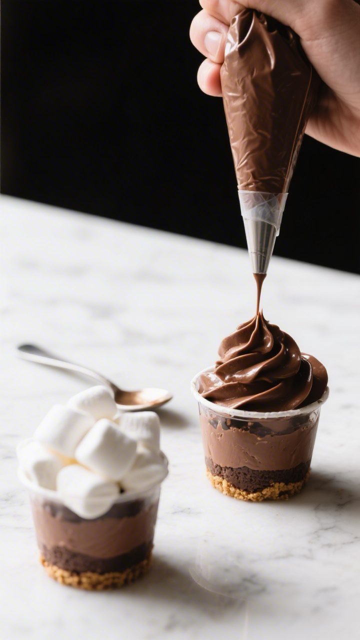 Process shot: Layering the cups with the chocolate elements—one cup already filled with the firm g