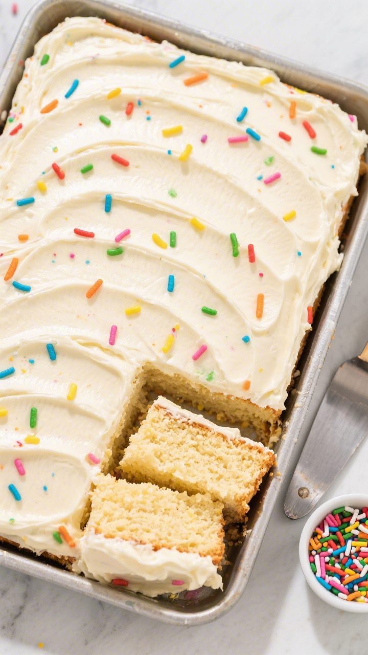 Tasty : Overhead shot of a 9x13 party-style Funfetti sheet cake frosted directly in the pan with pal