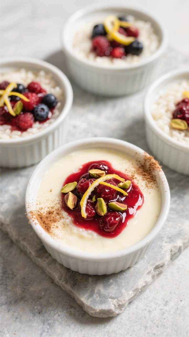Tasty : Overhead shot of chilled rice pudding set custard-like in small ramekins, topped with a glos