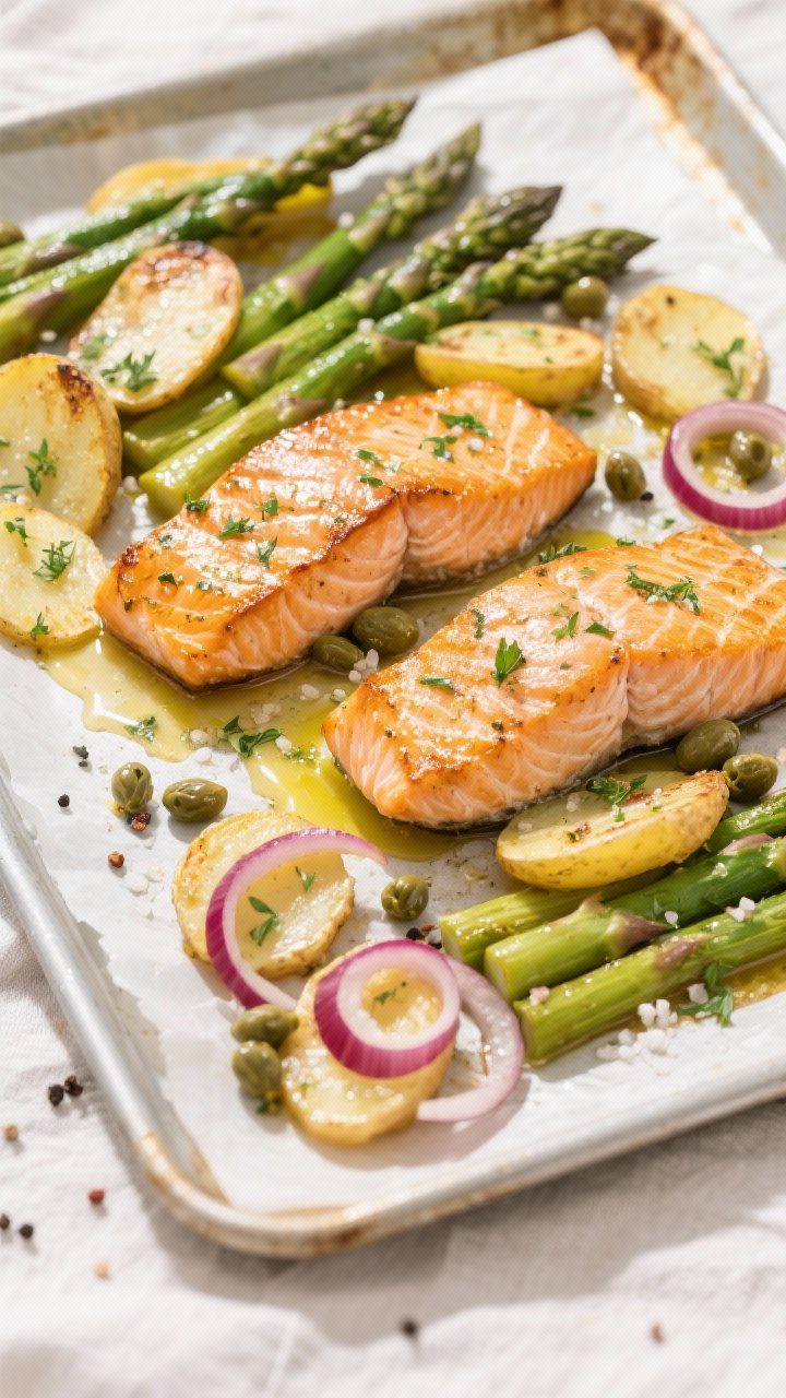 Tasty top-down shot: overhead view of a sheet-pan dinner variation—golden baked salmon fillets nes
