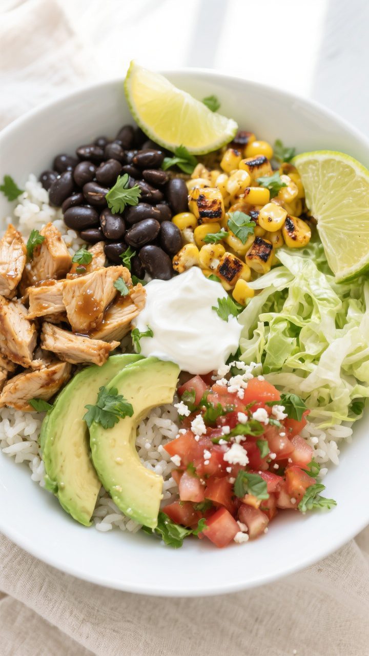Tasty top view, assembled bowl: Overhead shot of a Copycat Chipotle Chicken Bowl on a matte white wi