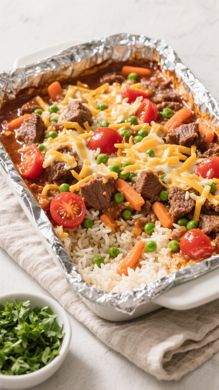 Tasty top view — Assembled casserole mid-bake: Overhead shot of the beef, rice, tomatoes, and mixe