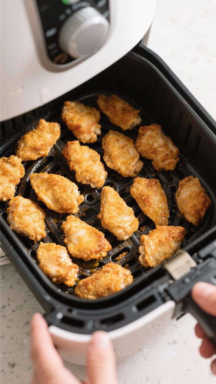 Tasty top view (cooking process): Overhead shot of the chicken bites in an air fryer basket at the s