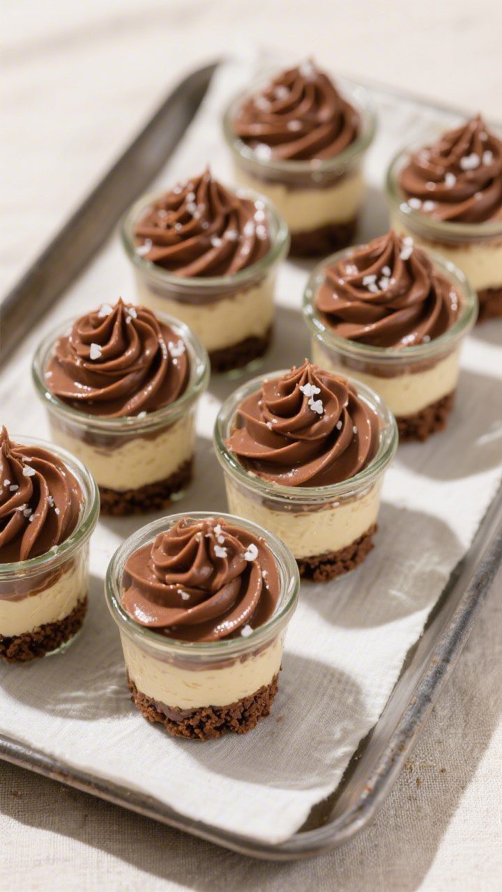 Tasty top view – filled cups before chilling: Overhead shot of 8 small glass jars lined up on a tr