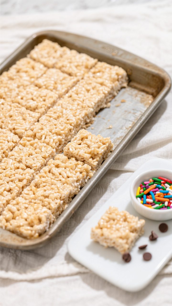 Tasty top-view final presentation: Overhead shot of a 9x13 pan of Rice Krispie treats pressed lightl