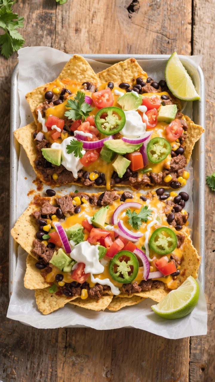 Tasty top-view final presentation: Overhead shot of a loaded nacho sheet pan fresh from the oven—t