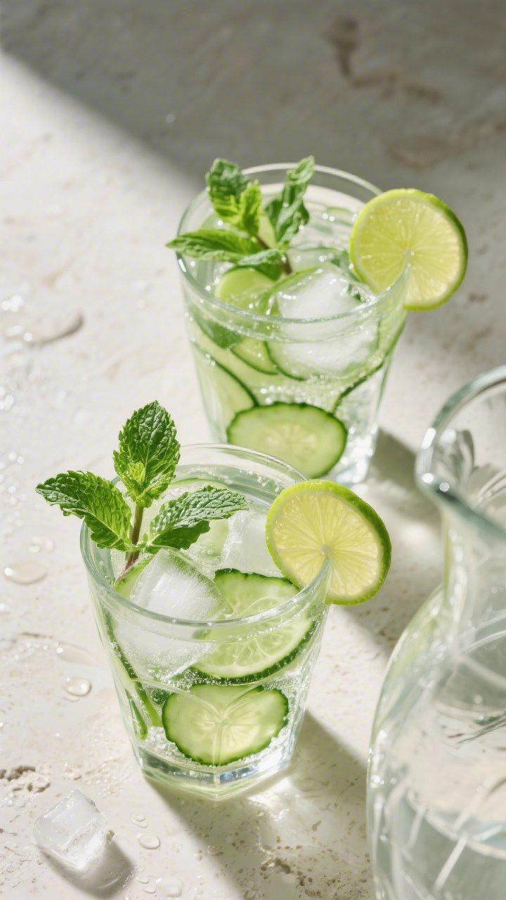 Tasty top-view final serving: overhead shot of two glasses filled with icy cucumber mint water, plen