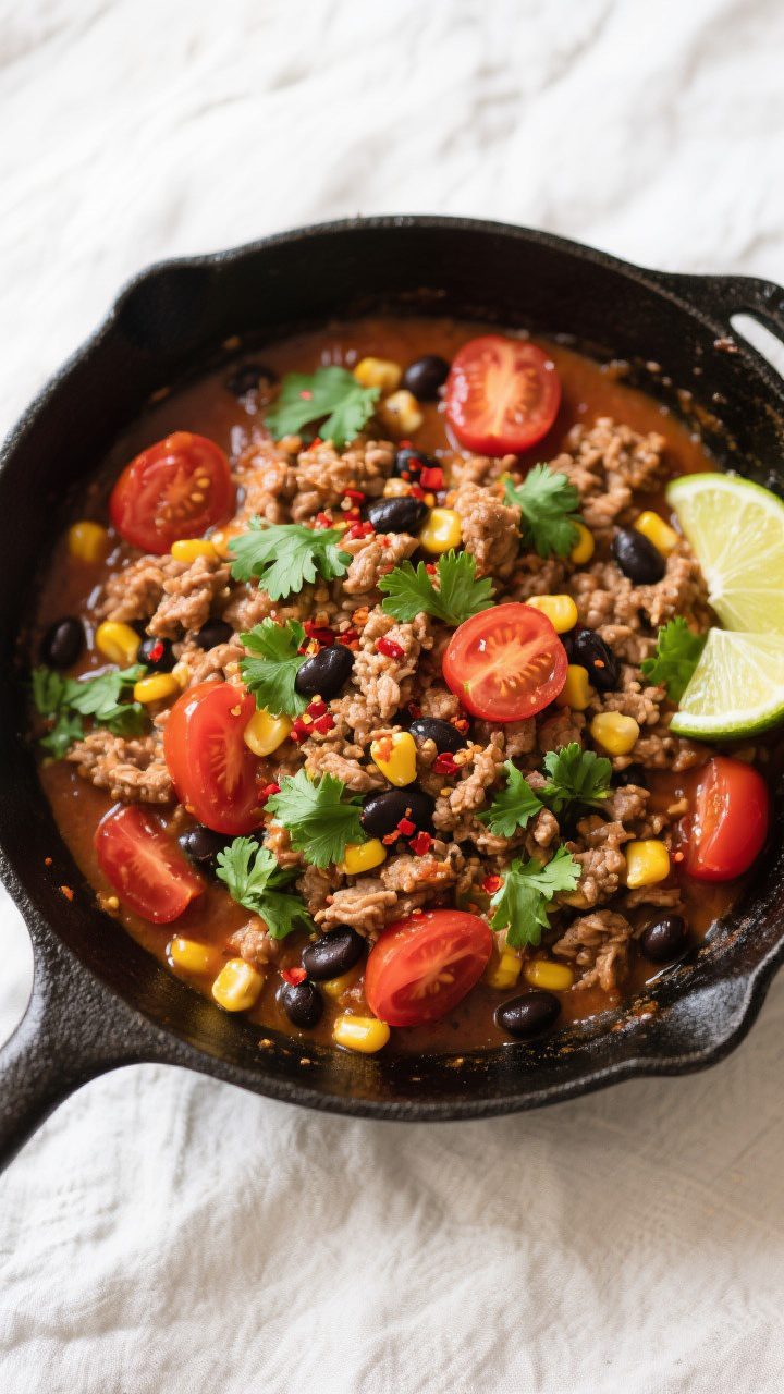 Tasty top view, final skillet: Overhead shot of the finished ground turkey meal prep skillet—saucy