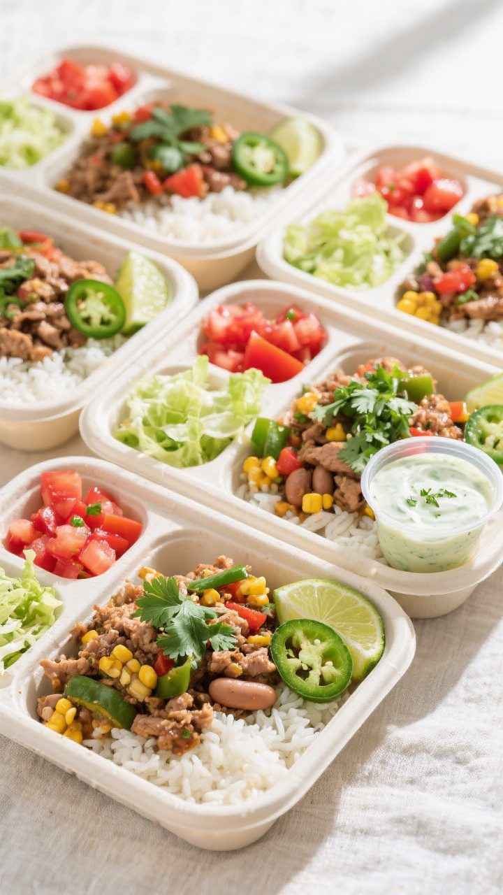 Tasty top view, meal prep focus: Overhead shot of 4–5 open meal prep containers neatly assembled w
