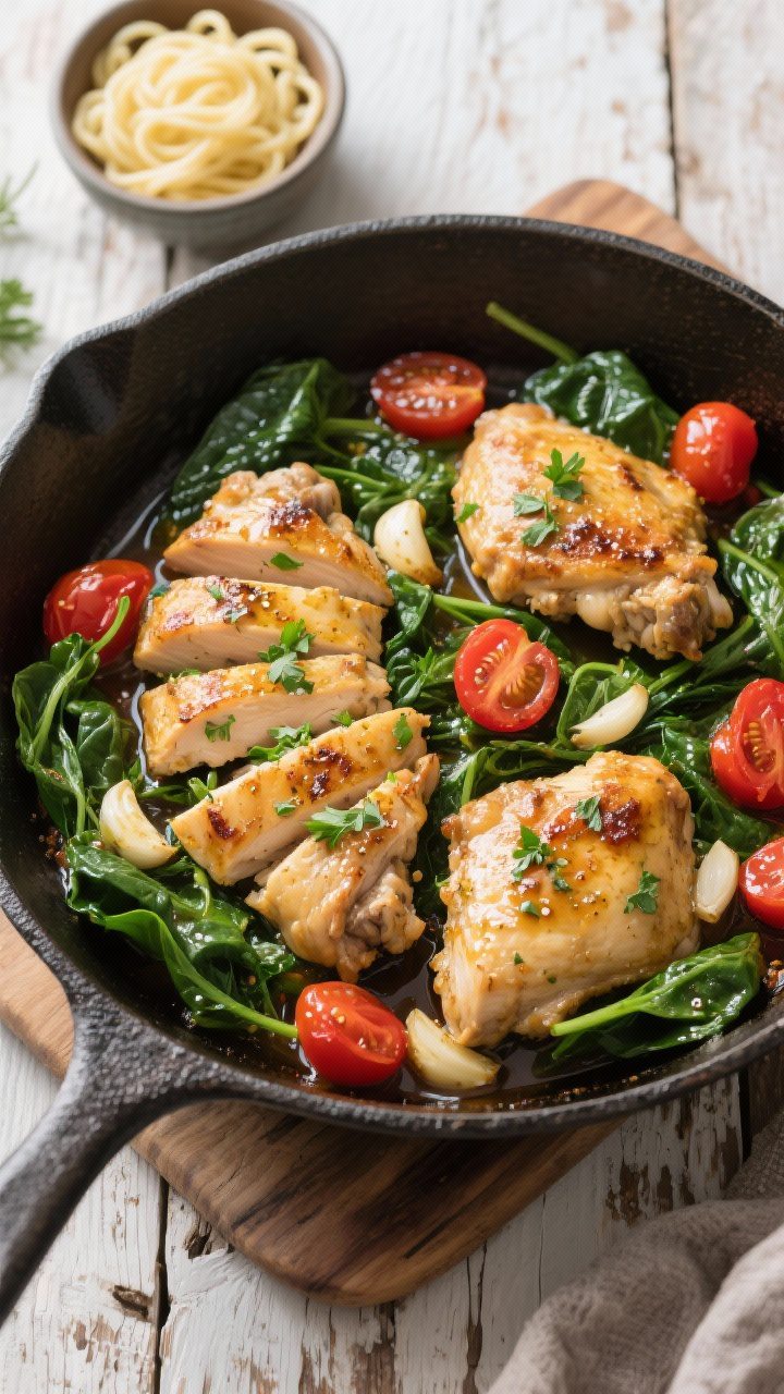 Tasty top view: Overhead family-style presentation of sliced garlic butter chicken thighs in the ski
