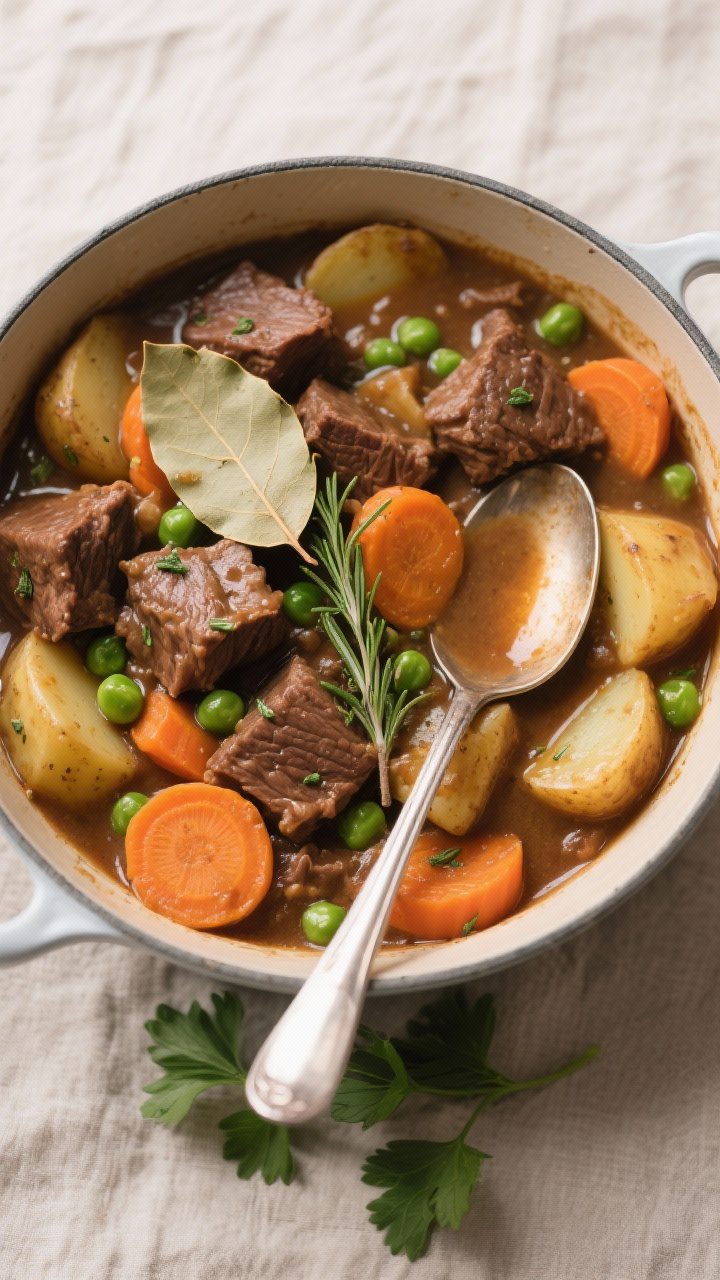 Tasty top view, overhead: One-pot hearty beef stew at a gentle simmer after vegetables are added—c