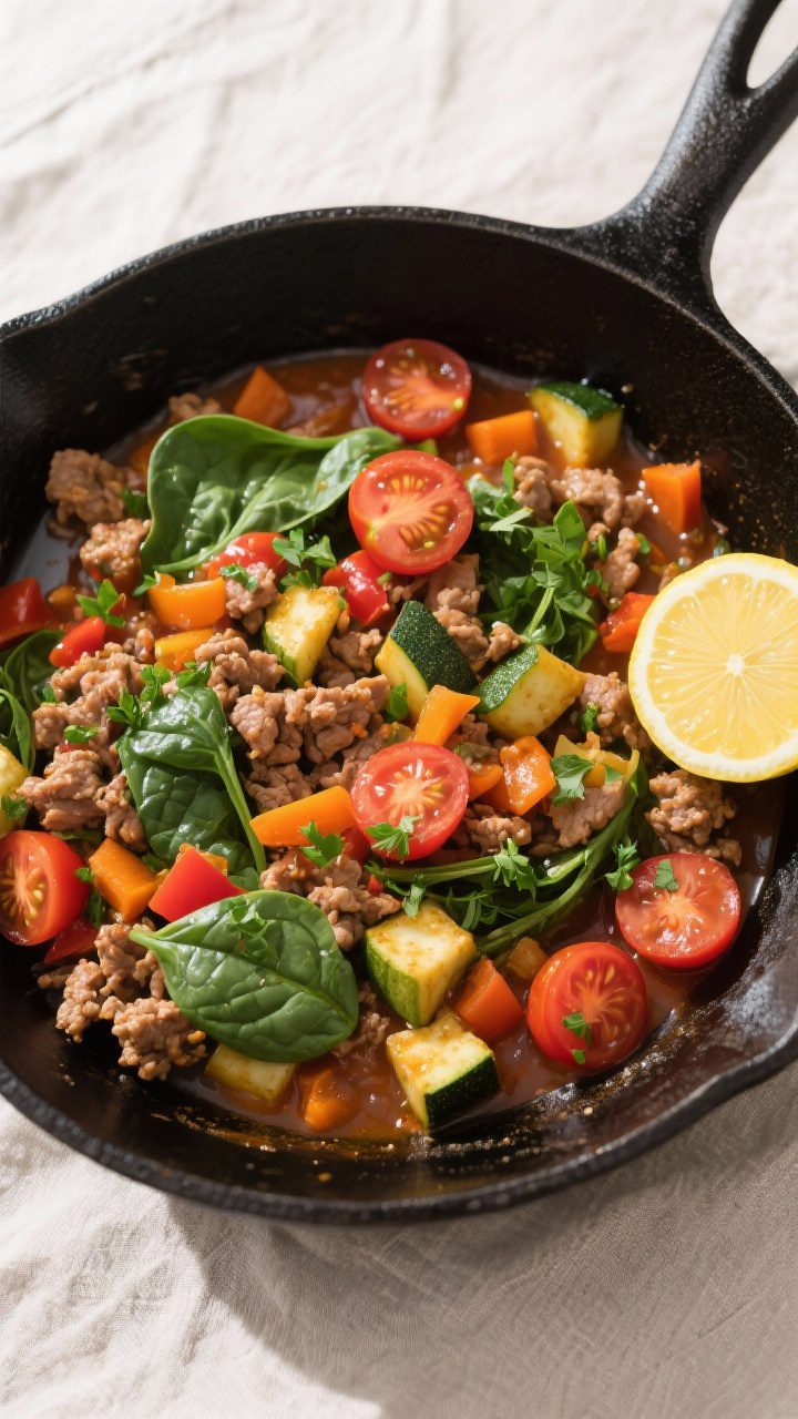 Tasty top view, overhead: Overhead shot of the finished Ground Turkey and Veggie Skillet in a wide b
