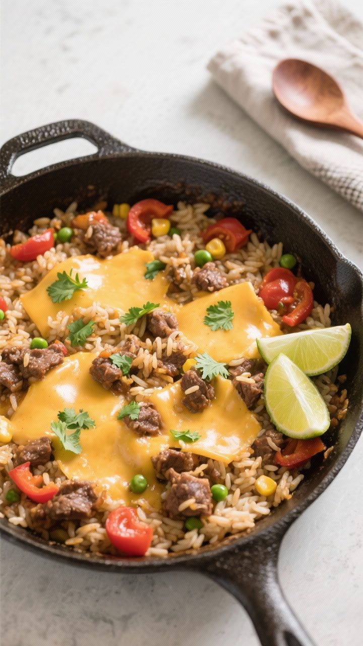 Tasty top view, overhead: Overhead shot of the finished One-Pot Beef and Rice Skillet in the pan, ri