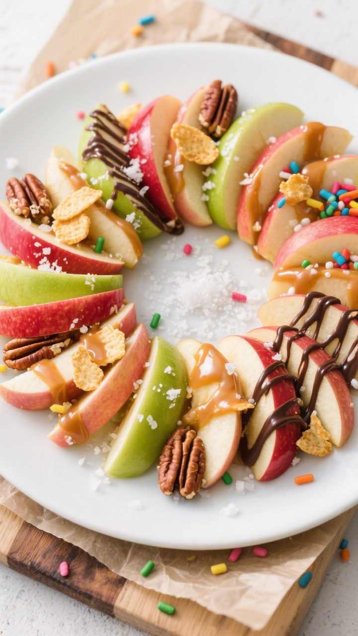 Tasty top view: Overhead party platter of finished Easy Caramel Apple Slices arranged in a fan on a