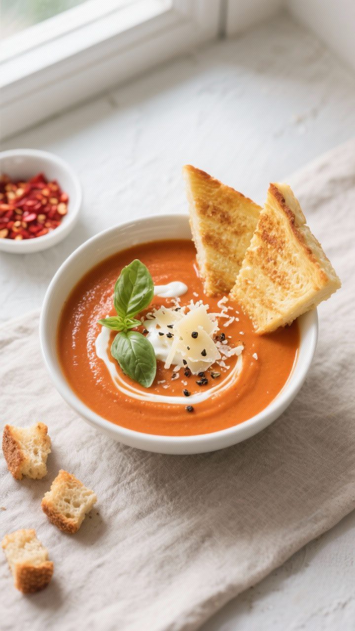 Tasty top view: Overhead shot of a bowl of creamy tomato soup, glossy and velvety, finished with a d