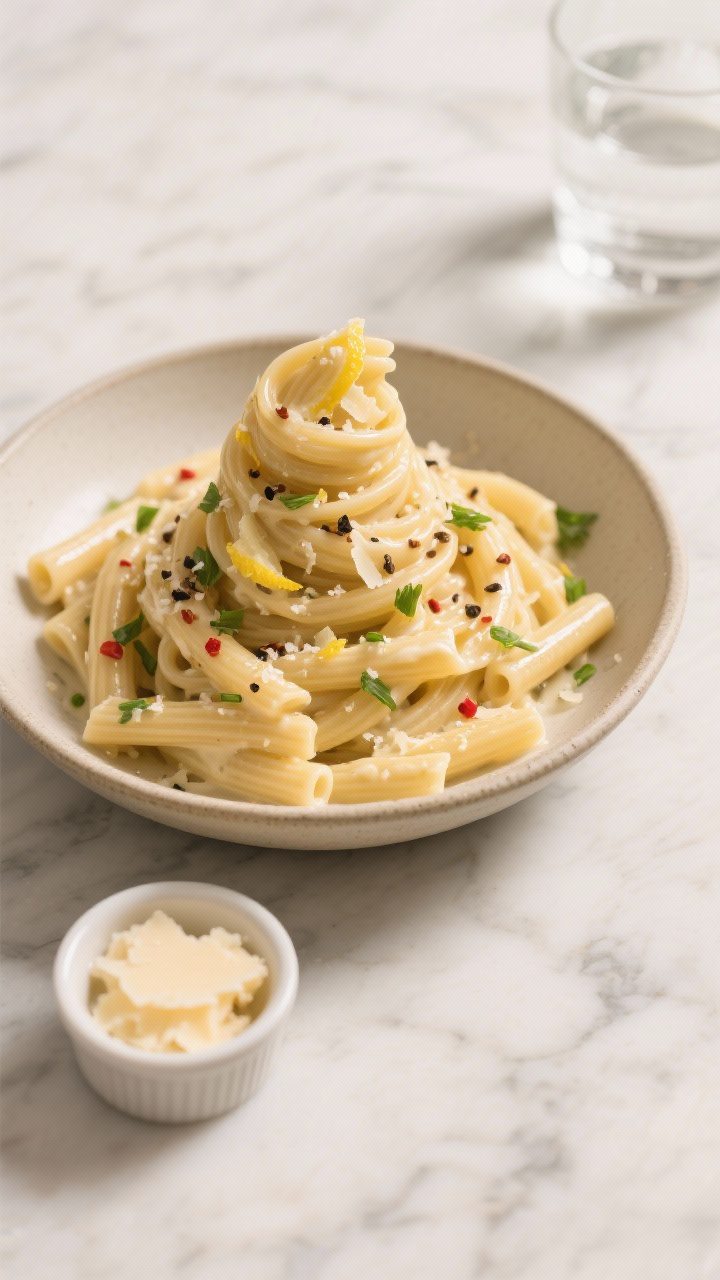 Tasty top view: Overhead shot of a bowl of creamy garlic-butter pasta (bucatini) twirled high in the