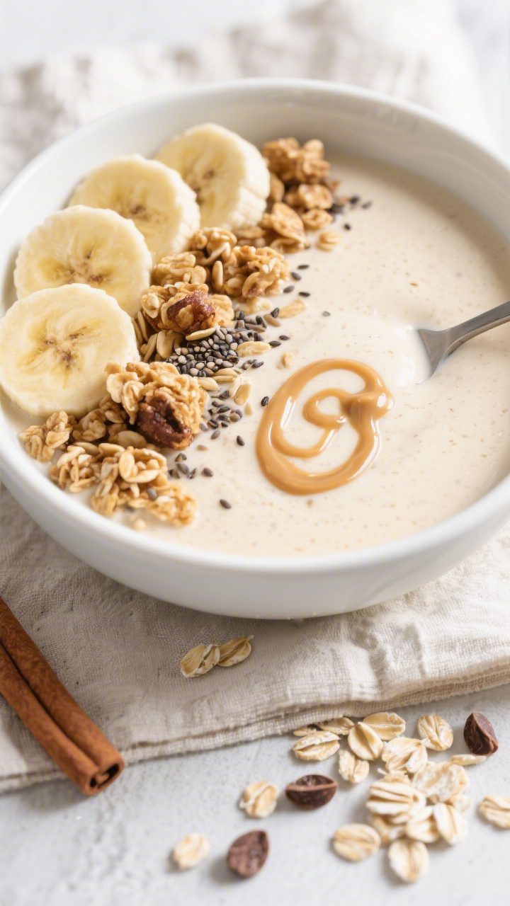 Tasty top view: Overhead shot of a bowl-style vanilla protein smoothie made thick and spoonable, pal