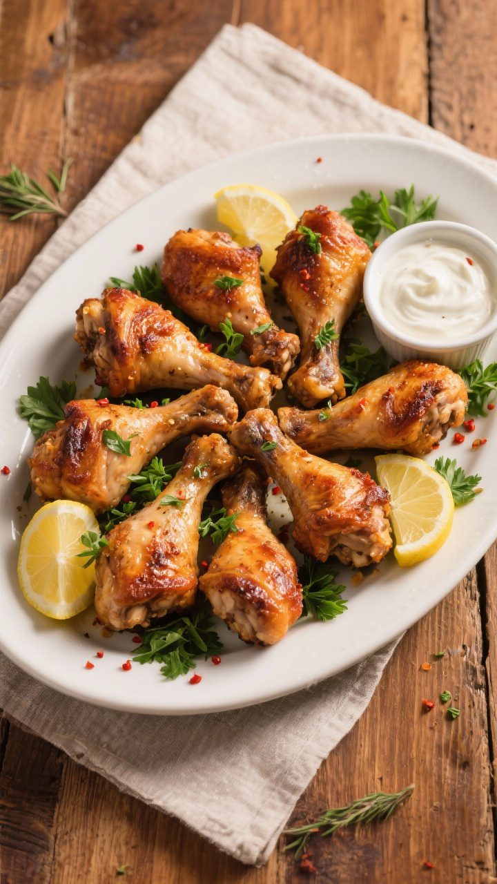 Tasty top view: Overhead shot of a family-style platter of baked chicken drumsticks arranged in a lo